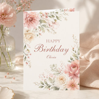 Elegant Pink Floral Happy Birthday Name Folded Card