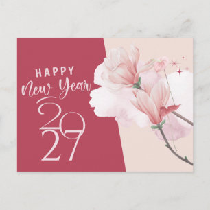 Elegant Pink Floral Happy New Year 2027 Postcard