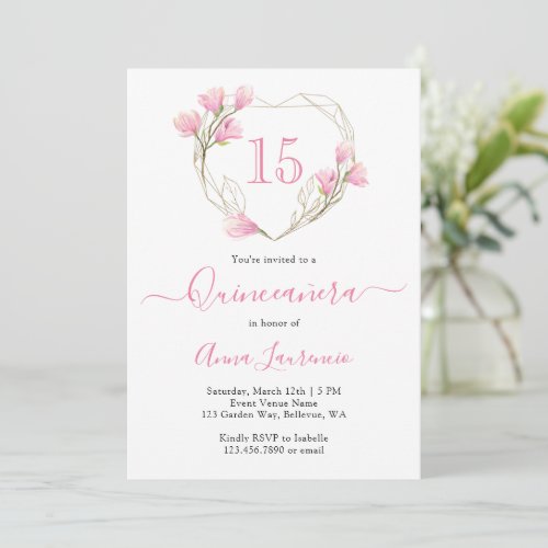 Elegant Pink Floral Heart Frame Quinceanera Invitation