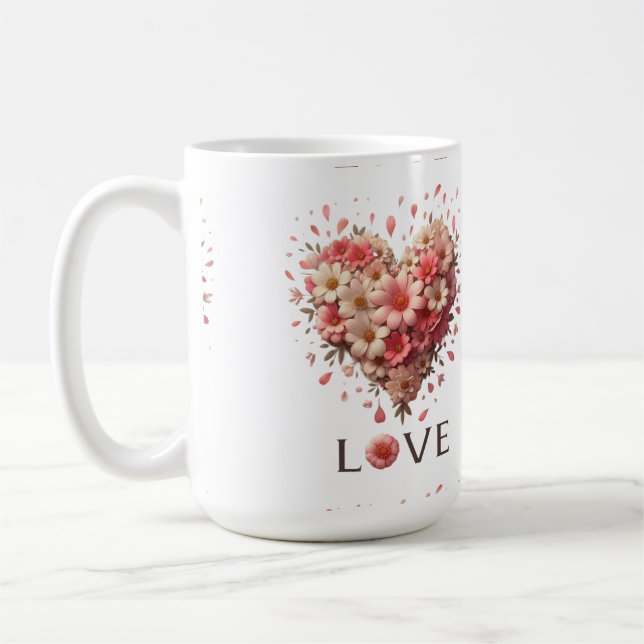 Elegant Pink Floral Heart Romantic Valentine’s Day Coffee Mug (Left)