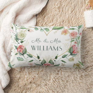 Elegant Pink Floral Heart Wedding & Anniversary  Lumbar Pillow
