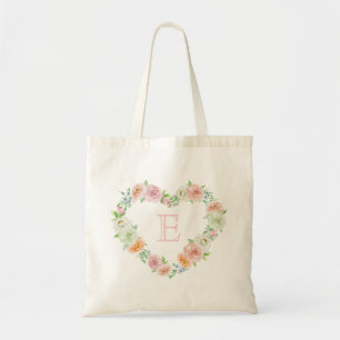 Elegant Pink Floral Heart Wreath Monogram Tote Bag