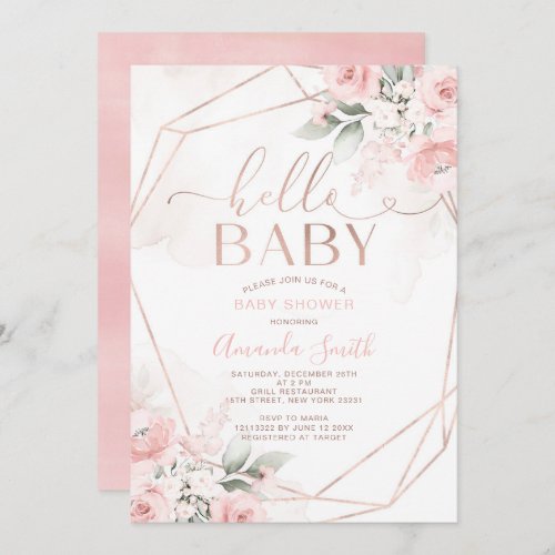 Elegant Pink Floral Hello Baby Shower Invitation