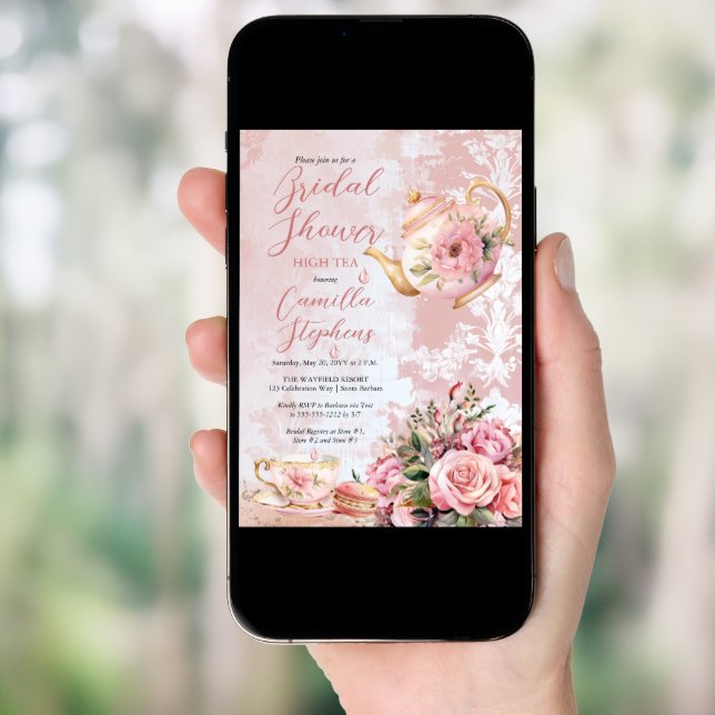 Elegant Pink Floral High Tea Bridal Shower Invitation (Front Digital)