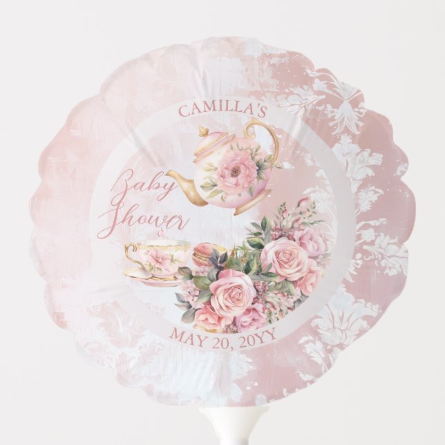 Elegant Pink Floral High Tea Girl Baby Shower Balloon (Front)
