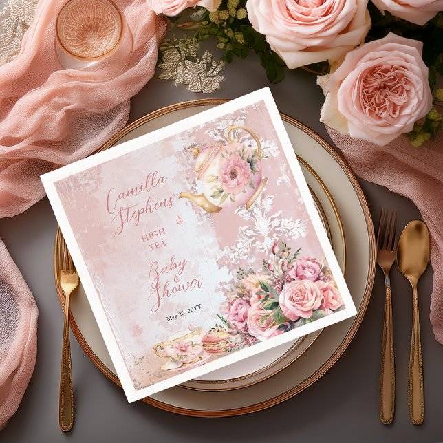 Elegant Pink Floral High Tea Girl Baby Shower Napkins (Elegant Pink Roses Floral High Tea Teapot and Teacup Girl Baby Shower Paper Napkins)