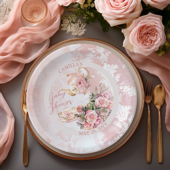 Elegant Pink Floral High Tea Girl Baby Shower Paper Plates (Elegant Pink Roses Floral High Tea Teapot and Teacup Girl Baby Shower Paper Plates)