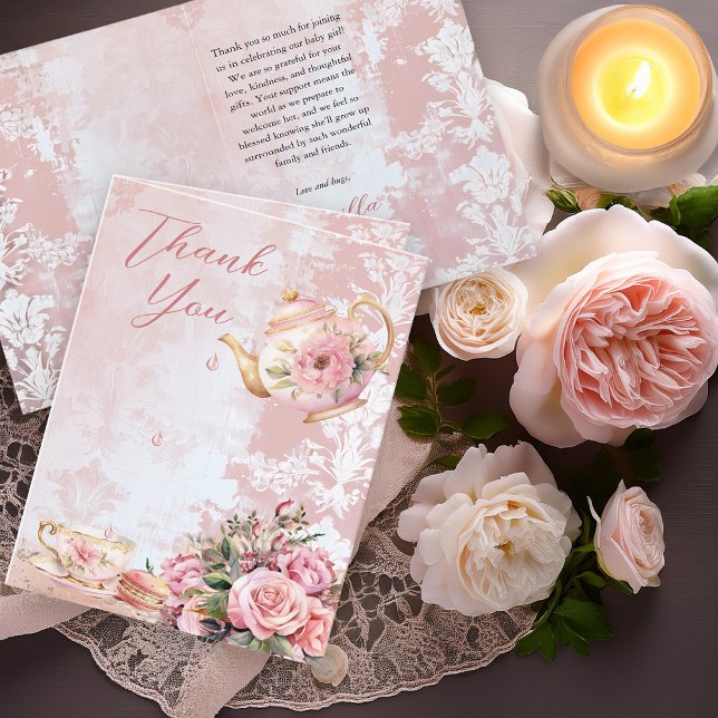 Elegant Pink Floral High Tea Girl Baby Shower Thank You Card (Elegant Pink Roses Floral High Tea Teapot and Teacup Girl Baby Shower Folded Thank You Card)