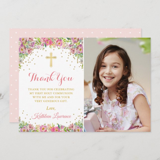 Elegant Pink Floral Holy Communion Thank You Invitation (Front/Back)