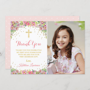 Elegant Pink Floral Holy Communion Thank You Invitation