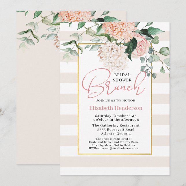 Elegant Pink Floral Hydrangea Bridal Shower Brunch Invitation (Front/Back)