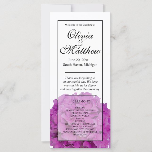 Elegant pink floral hydrangeas Wedding program (Front)