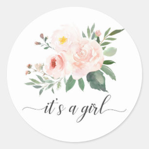 Elegant Pink Floral It's A Girl Baby Shower Classic Round Sticker