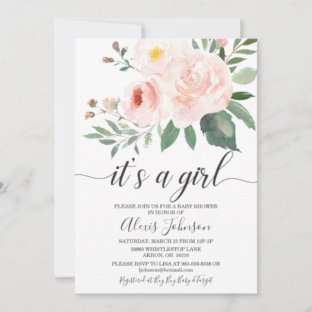 Elegant Pink Floral It's A Girl Baby Shower Invitation (Front)
