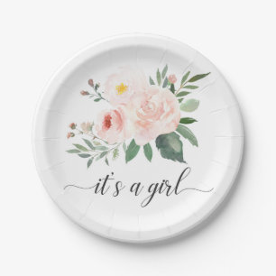 Elegant Pink Floral It's A Girl Baby Shower Plate