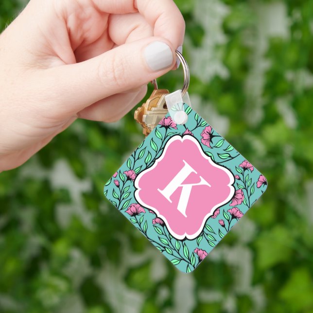 Elegant Pink Floral Keychain with Monogram (Hand)