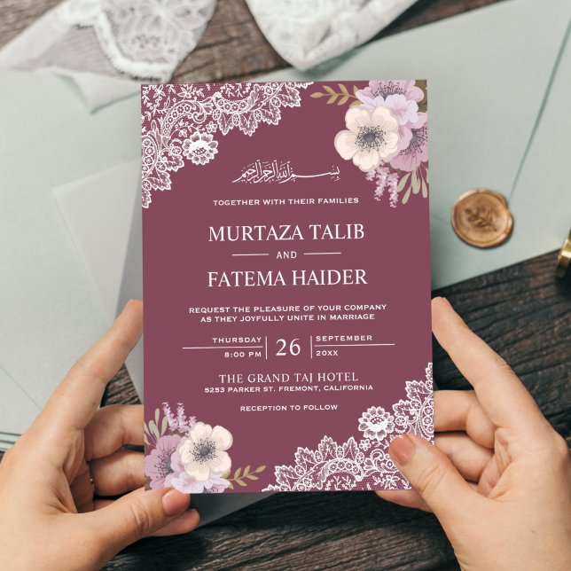 Elegant Pink Floral Lace Islamic Muslim Wedding Invitation