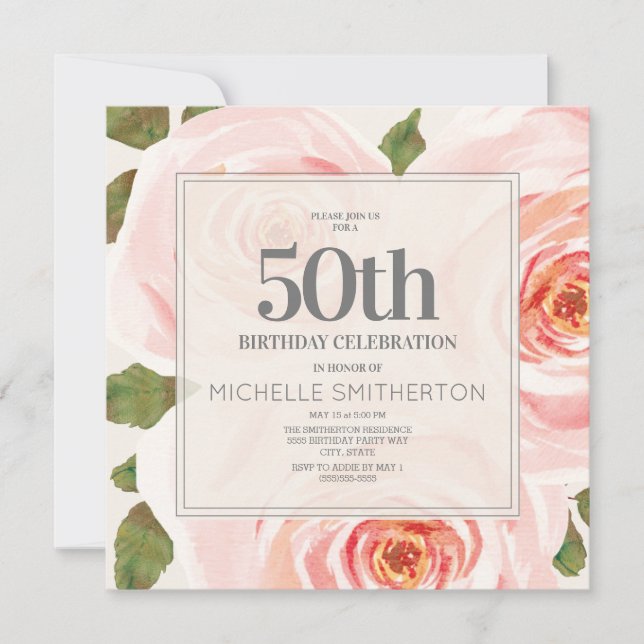 Elegant Pink Floral Leaves 50th Birthday Women Invitation (Front)