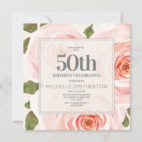 Elegant Pink Floral Leaves 50th Birthday Women Invitation