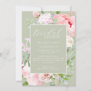 Elegant Pink Floral Light Sage Green Bridal Shower Invitation