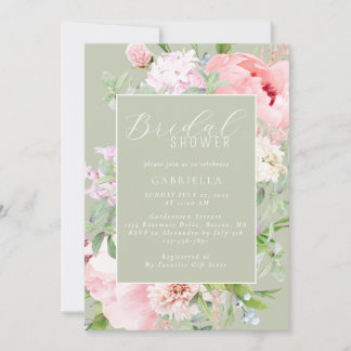 Elegant Pink Floral Light Sage Green Bridal Shower Invitation