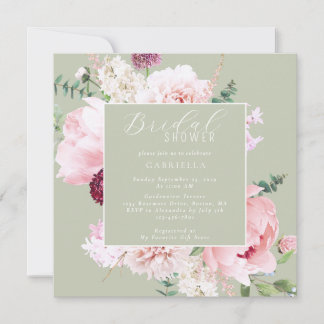 Elegant Pink Floral Light Sage Green Bridal Shower Invitation