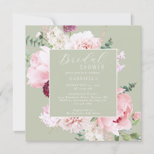 Elegant Pink Floral Light Sage Green Bridal Shower Invitation