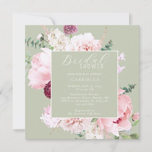 Elegant Pink Floral Light Sage Green Bridal Shower Invitation