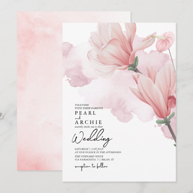Elegant Pink Floral Magnolia Watercolor Wedding Invitation (Front/Back)