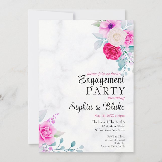 Elegant Pink Floral Marble Engagement Party Invitation (Front)