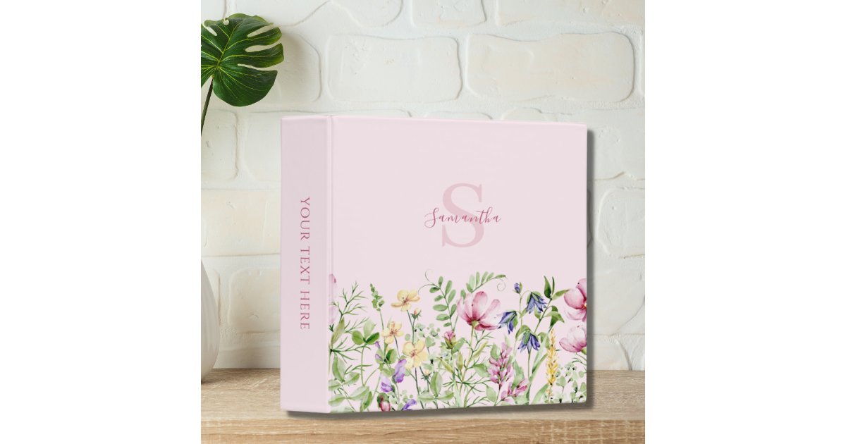 Elegant Pink Floral Meadow Monogram 3 Ring Binder | Zazzle