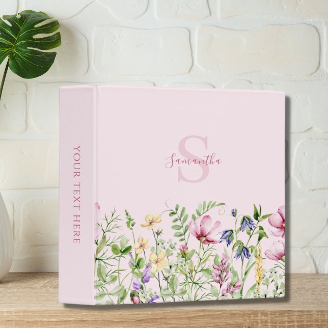 Elegant Pink Floral Meadow Monogram  3 Ring Binder (Creator Uploaded)