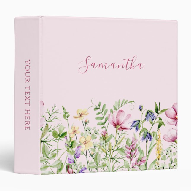 Elegant Pink Floral Meadow Personalized 3 Ring Binder (Front/Spine)