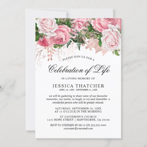 Elegant Pink Floral Memorial  Celebration of Life Invitation