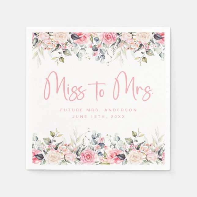Elegant Pink Floral Miss To Mrs. Bridal Shower Napkins (Front)