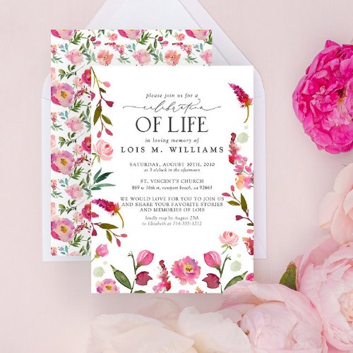 Elegant Pink Floral Modern Celebration of Life Invitation