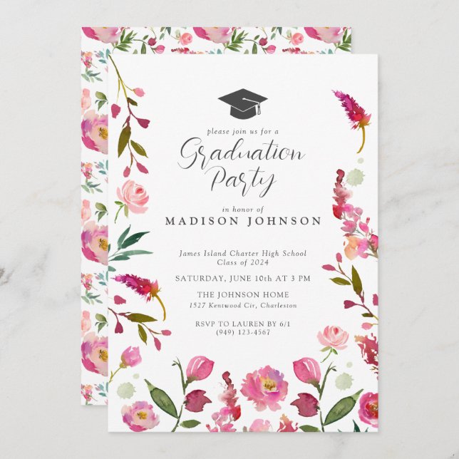 Elegant Pink Floral Modern Script Graduation Party Invitation (Front/Back)