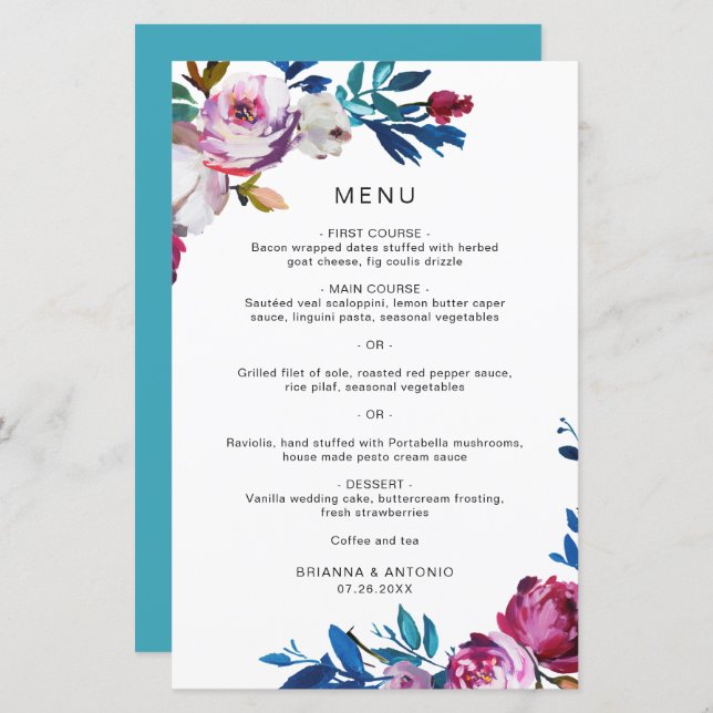 Elegant Pink Floral Modern Wedding Menu (Front/Back)