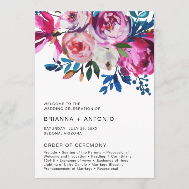 Elegant Pink Floral Modern Wedding Program (Front)
