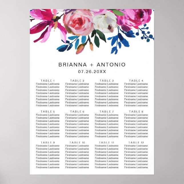 Elegant Pink Floral Modern Wedding Seating Chart (Front)