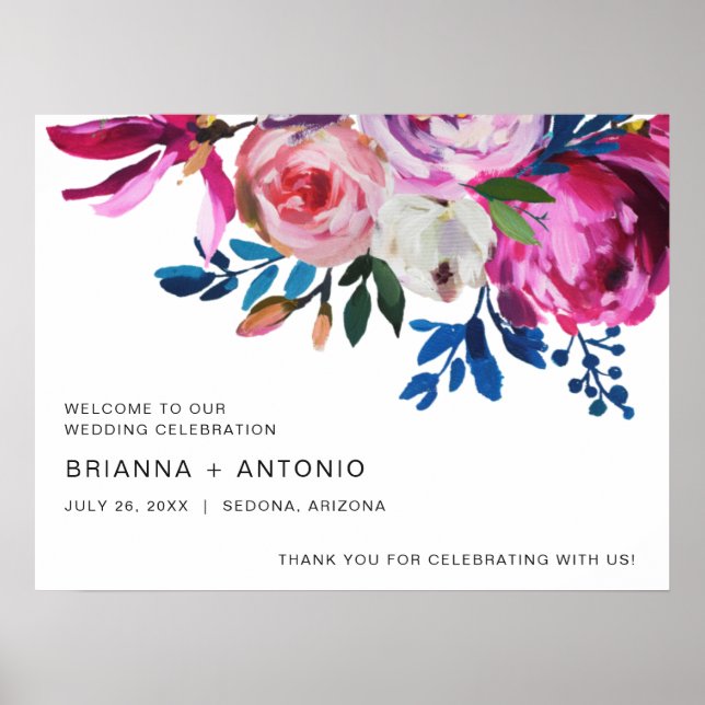Elegant Pink Floral Modern Wedding Welcome Sign (Front)