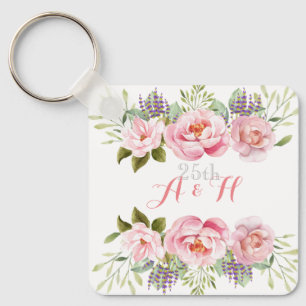 Elegant Pink Floral Monogram 25th Wedding Gift Keychain
