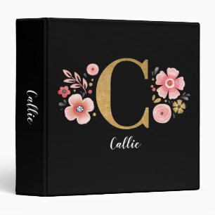 Elegant Pink Floral Monogram Black Script 3 Ring Binder