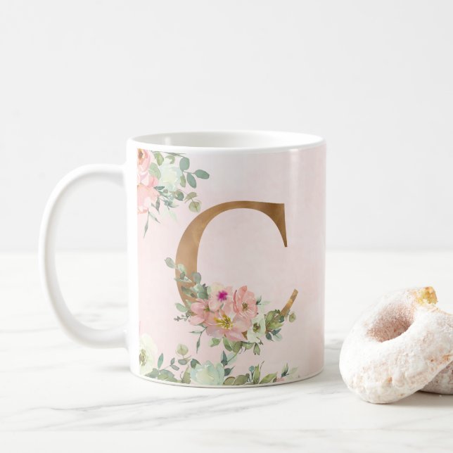 Elegant Pink Floral Monogram C Coffee Mug (With Donut)