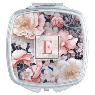 Elegant Pink Floral Monogram Compact Mirror