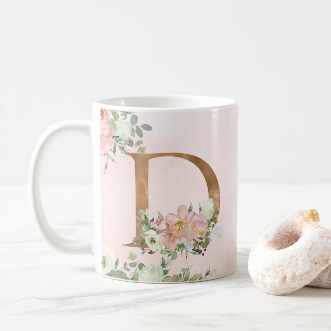 Elegant Pink Floral Monogram D Coffee Mug (With Donut)