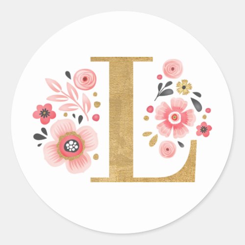 Elegant Pink Floral Monogram Initial Gold Letter L Classic Round Sticker