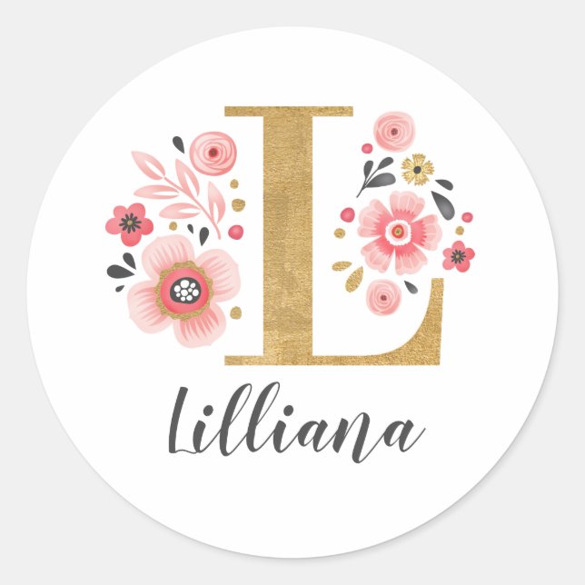 Elegant Pink Floral Monogram Initial Gold Letter L Classic Round Sticker (Front)