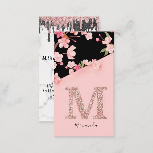 Elegant Pink Floral Monogram Initial Gold Letter M Business Card