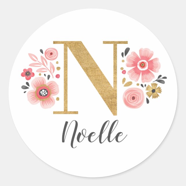 Elegant Pink Floral Monogram Initial Gold Letter N Classic Round Sticker (Front)